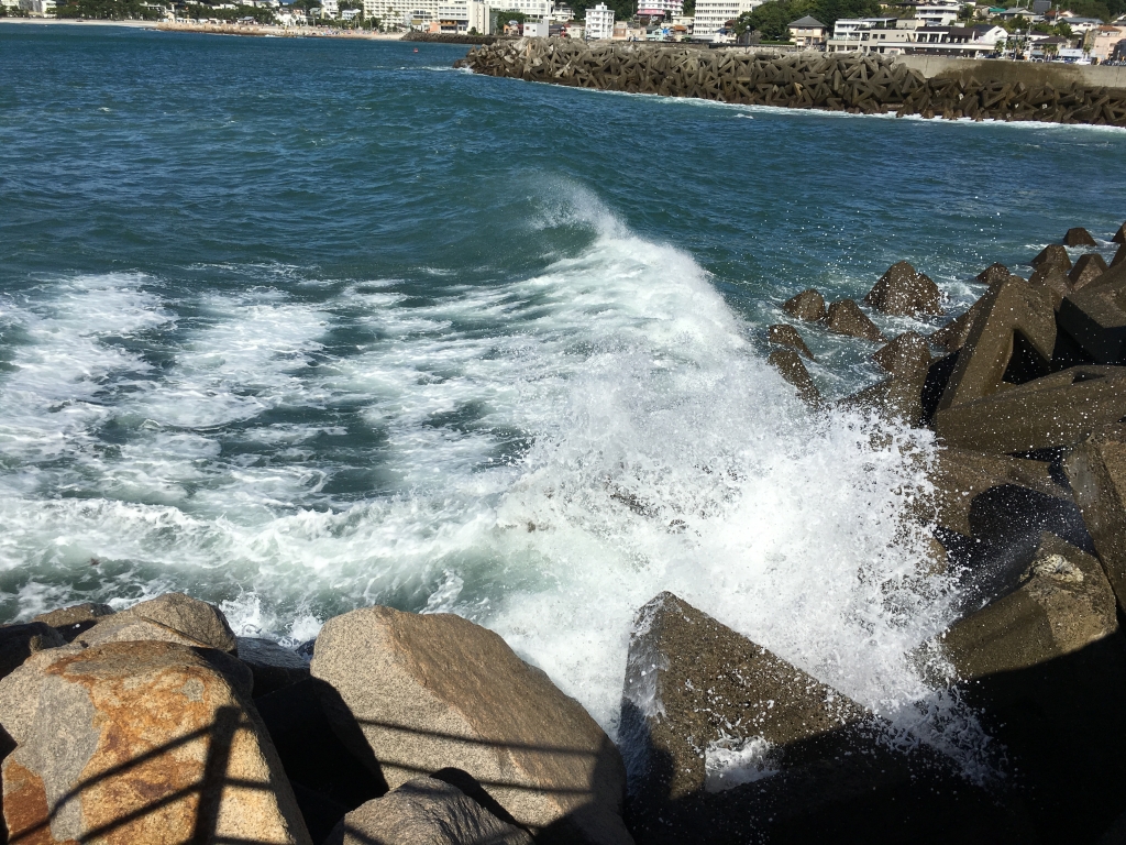 海岸の岩に打ち寄せる波